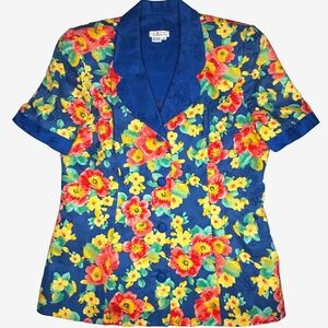 VTG 90s Talbots Top Womens 16 Royal Blue Tropical Floral Shoulder Pads Button Up